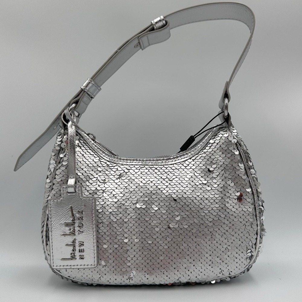 Nicole Miller Shoulder Bag Womens Silver Sequin Hobo Purse NYE Metallic Party